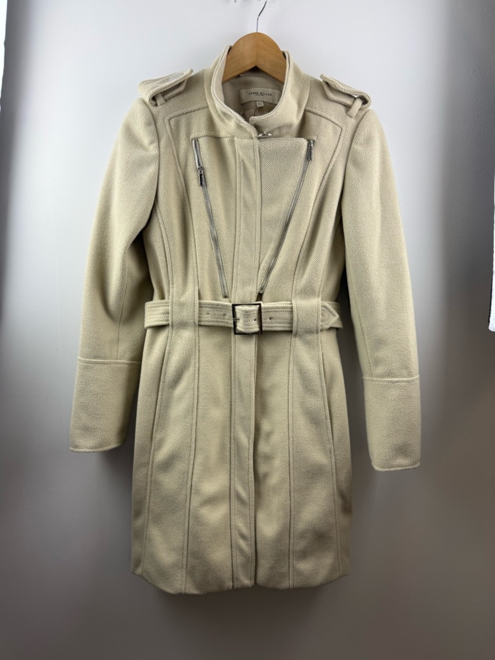 Karen Millen Ivory Wool Military Pea Coat Belted Overcoat Jacket Size 4